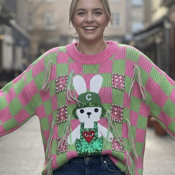 None Sweaters - NWOT Pink and Green Checkered Sweater with Bunny Design